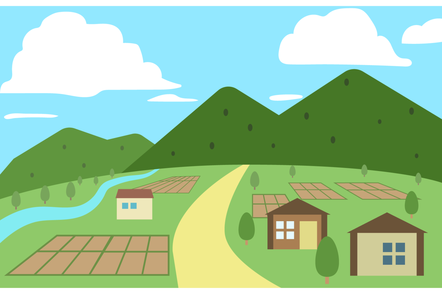 農地と赤い屋根の家のイラスト
