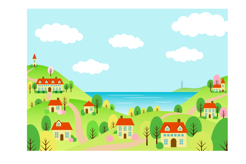 農地と赤い屋根の家のイラスト