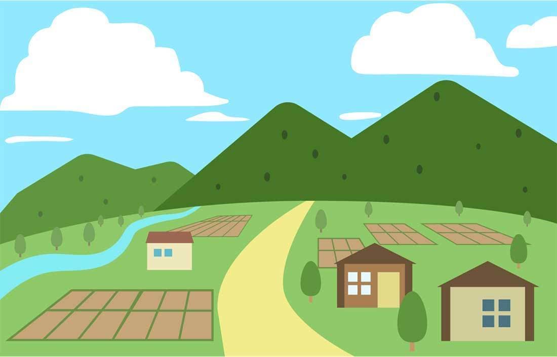 農地と赤い屋根の家のイラスト